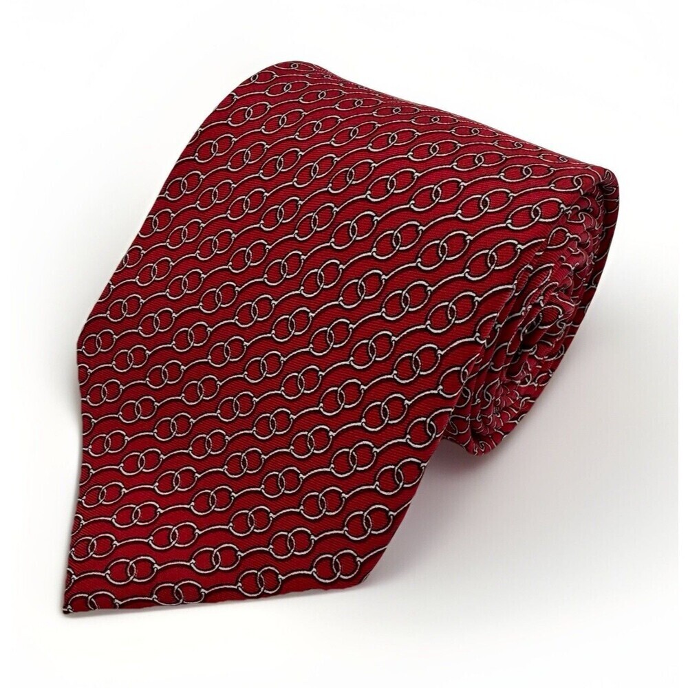Bird Dog Bay Red Silk Tie Chain Link Pattern Handmade USA Mens Necktie